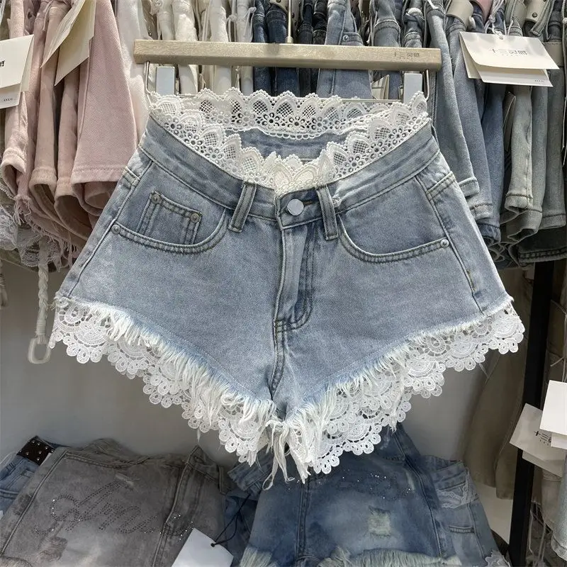 

White Lace Denim Shorts Women's Summer High Waist Rough Edge Lace Splicing Hot Pants