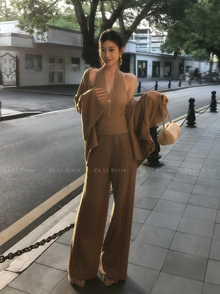 2026 Pure Desire Hot Girltops Women's Autum Pit Strip Halter Vest Sweatercardiganknittingloose Pants Three-piece Suit