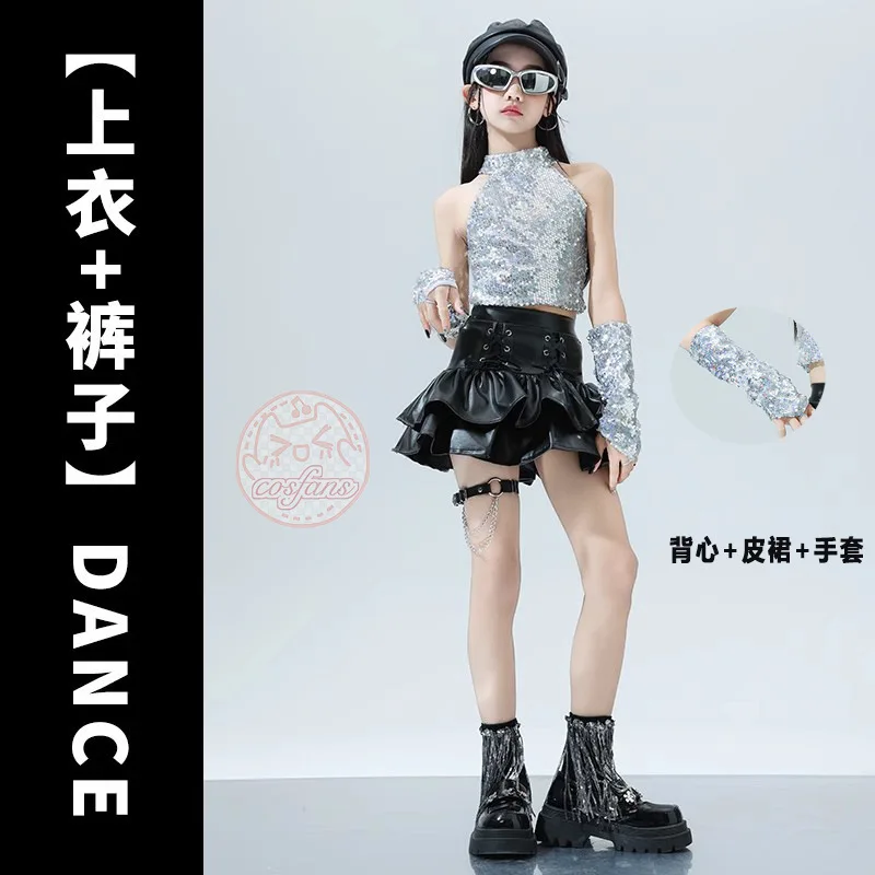 Mädchen K-Pop Silber Jacke Leder Stufenrock Cargohose Kleidung Set Kinder Hip Hop Street Dance Kostüme Kind Teenager Streetwear