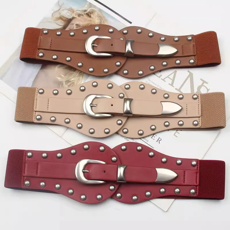 Rivet PU Leather Elastic Belt Women's Punk Corset Female Cummerbund Coat Waistband Dress Decration Wide Belt J1592