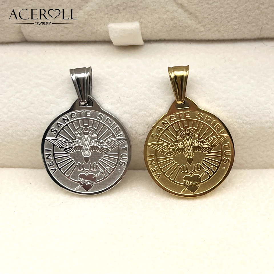 ACEROLL Stainless Steel Pendant of Come Holy Spirit Medal For Catholic