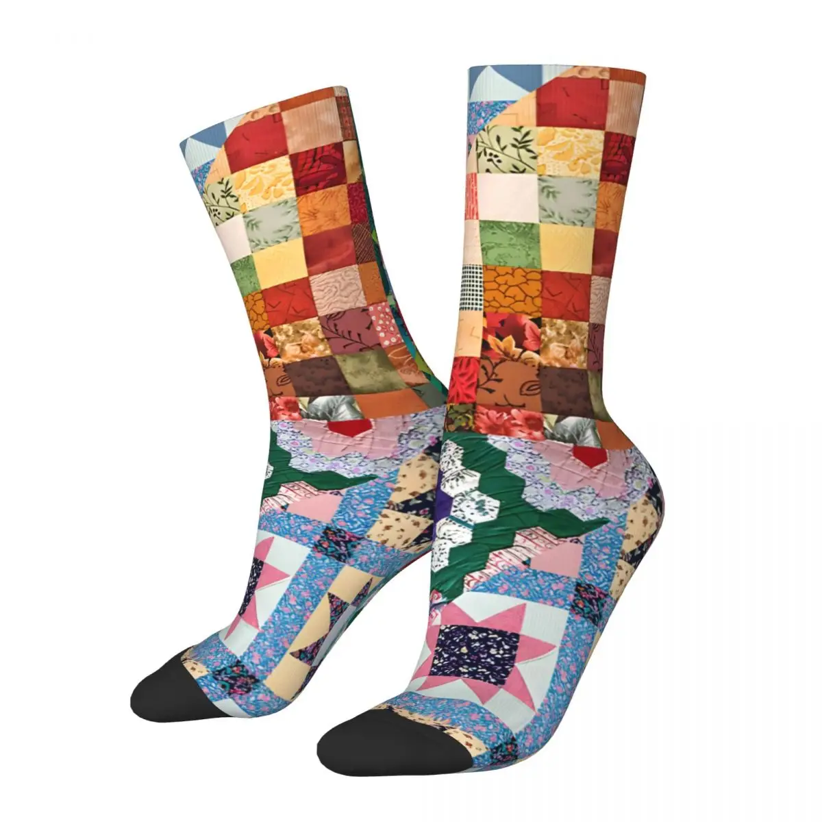 Crazy compression Vintage Patchwork Quilt Sock for Men Harajuku Seamless Pattern Crew Sock Novelty