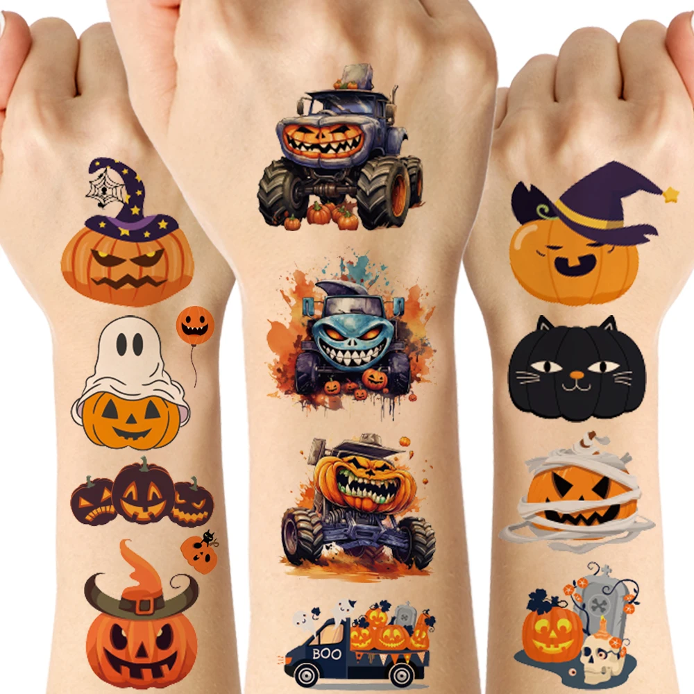 Temporäre Halloween-Kürbis-Tattoos, temporäre Kürbis-Tattoos mit Monster-LKW-Designs.