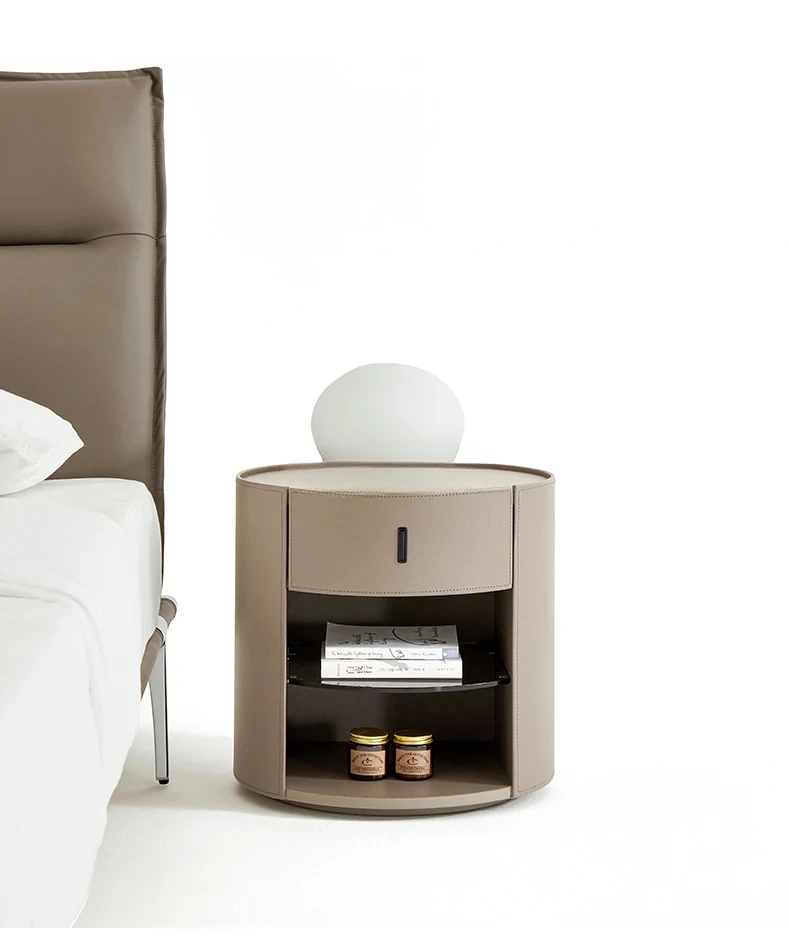 Italian Style Light Luxury round Saddle Leather Bedside Table High-End Designer Style Bedroom Bedside Cabinet