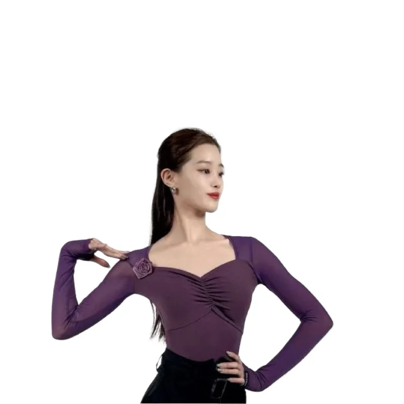 Nuova maglietta a maniche lunghe da ballo latino per donna Elegante top da ballo moderno Slim-Fit, silhouette lusinghiera Elegante abbigliamento da pratica