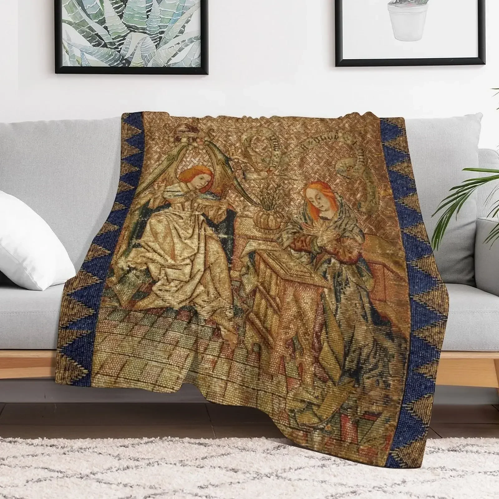 

ANNUNCIATION ANTIQUE GOLD BLUE EMBROIDERY Archangel Gabriel and Virgin Mary Throw Blanket Large Blankets