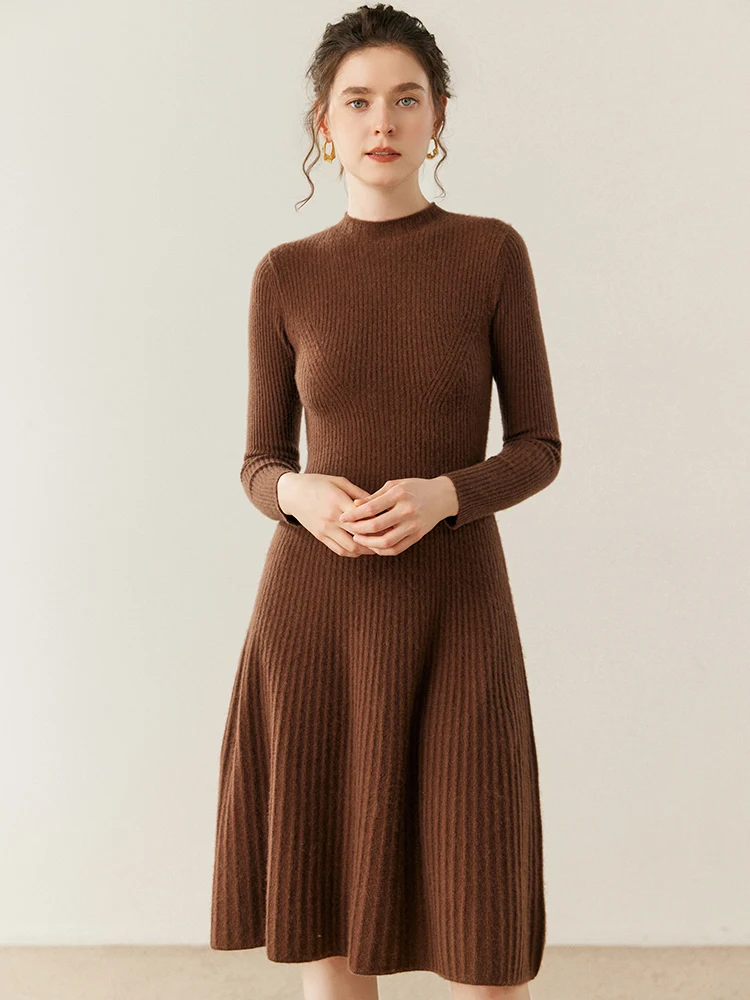 

MEETCC Women's 100% Cashmere Mid-Calf Dress Autumn Winter O Neck Plaeted Knitted Cashmere Long Dress Soft Warm Sweater Dress