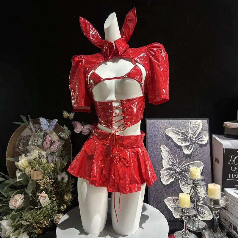 

New Fashion Women's Sexy Two Pieces Front Strapped Lingerie Dress Roleplay Bunny Girl Mini Skirt Hot Night Club Cosplay Costumes