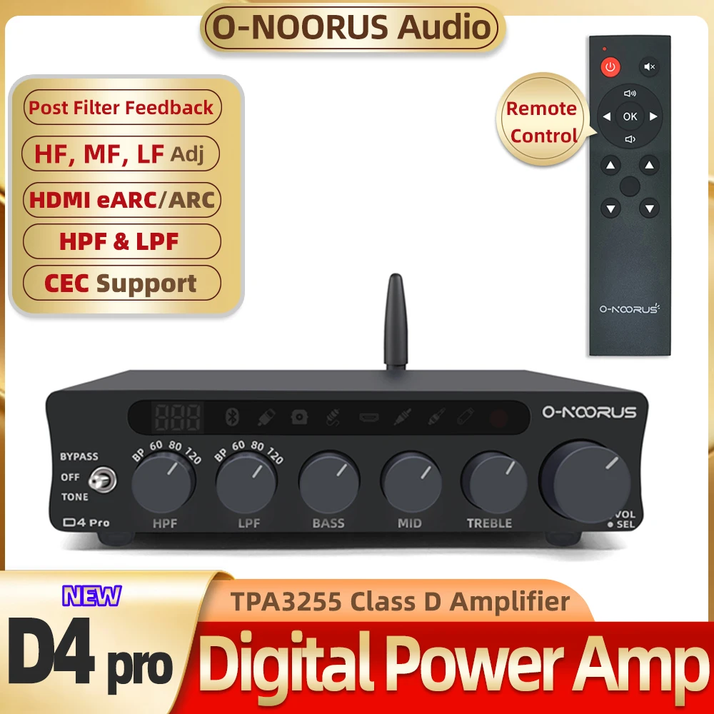 

O-NOORUS D4 pro TPA3255 PFFB Стереобаланс Bluetooth HDMI ARC USB Оптический усилитель 300 Втx2 с высокими частотами и средними басами
