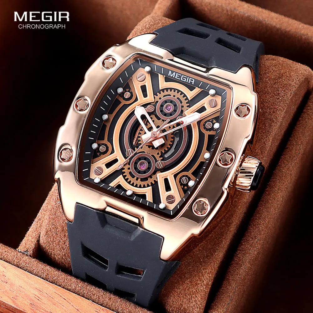 

MEGIR Fashion Sport Quartz Watch for Men Tonneau Case Waterproof Luminous Hands Wristwatch with Silicone Strap Hollowed-out Dial