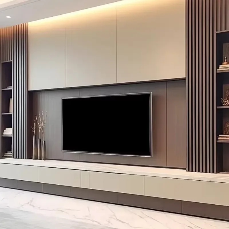 Integrated TV Background Wall Cabinet Wood Grain Floating TV Console for Living Room