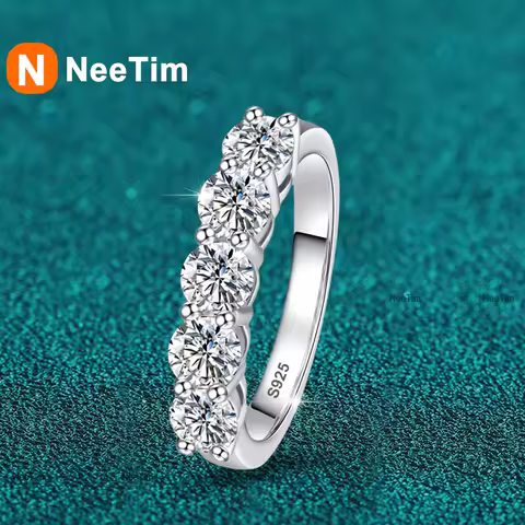 NeeTim Full 4mm Moissanite Ring for Women 5 Stones Diamond Wedding Band Bride S925 Sterling Silver with White Gold Plated Rings