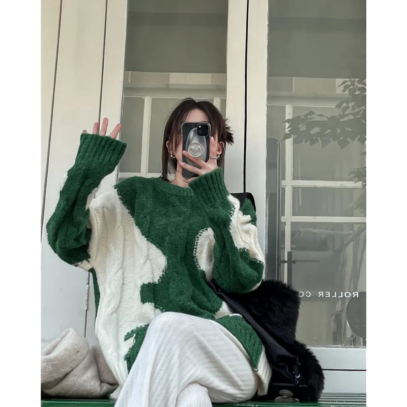 

Women Clothing Vintage Knitting Sweater Green Chic Long Sleeve Casual Grey Fashion Simplicity Baggy Female 2023 Grey Winter Tops