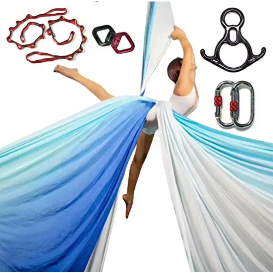 Aerial Silks Starter Kit for acrobatic flying yoga and aerial fitness: durable 11-yard polyester fabric in black includes hardw