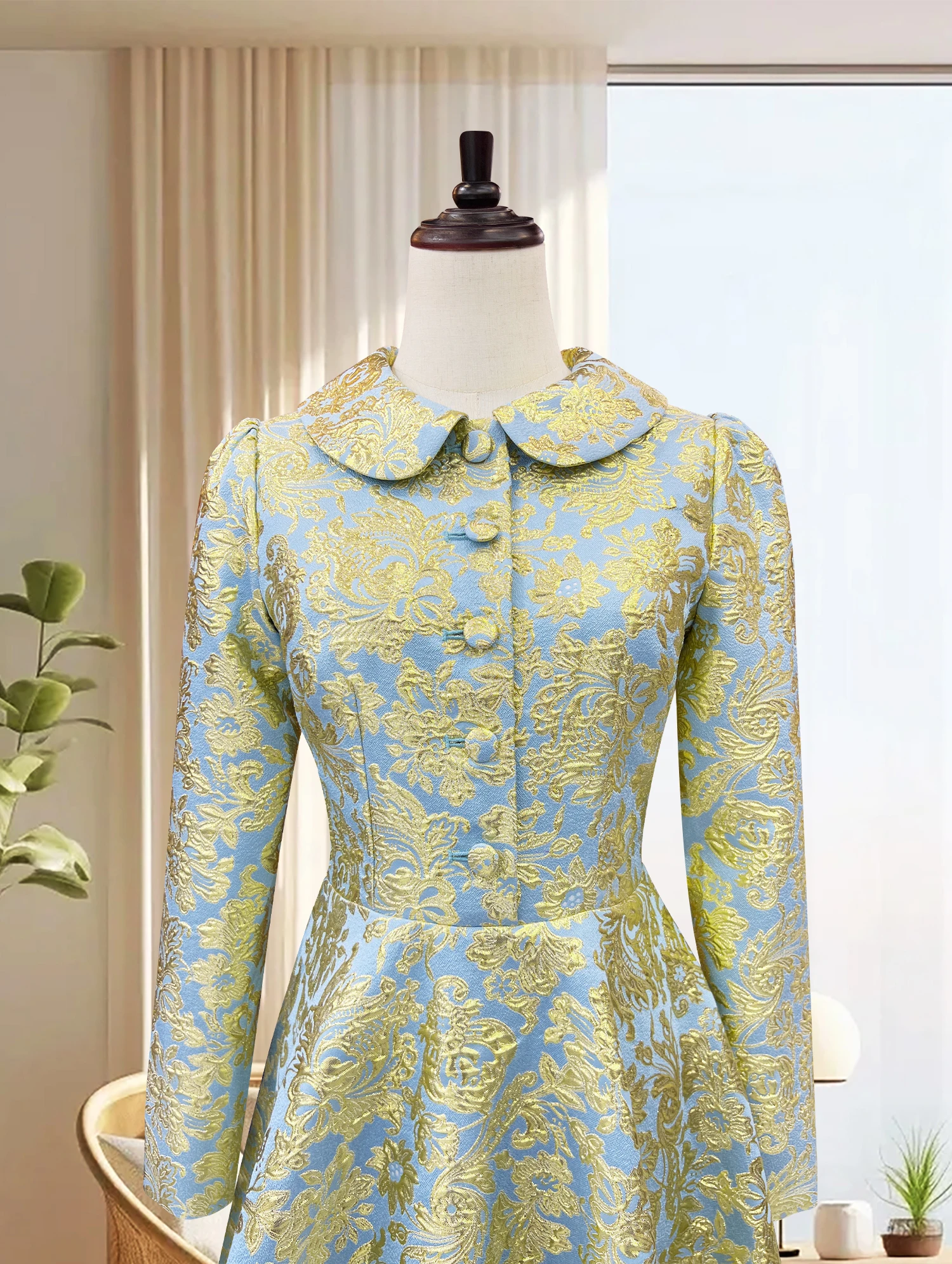 Abito jacquard con risvolto in stile cinese, nuovo abito da sera a trapezio cinccato in vita a maniche lunghe da donna