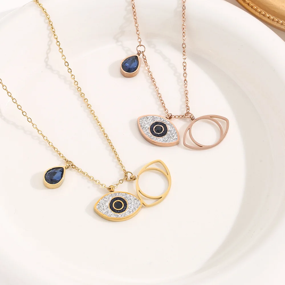 

Titanium Stainless Steel Rose Gold Color Blue Eye Turkish Devil's Eye Chain Women's Necklace Neck Jewelry Party Wedding Gift