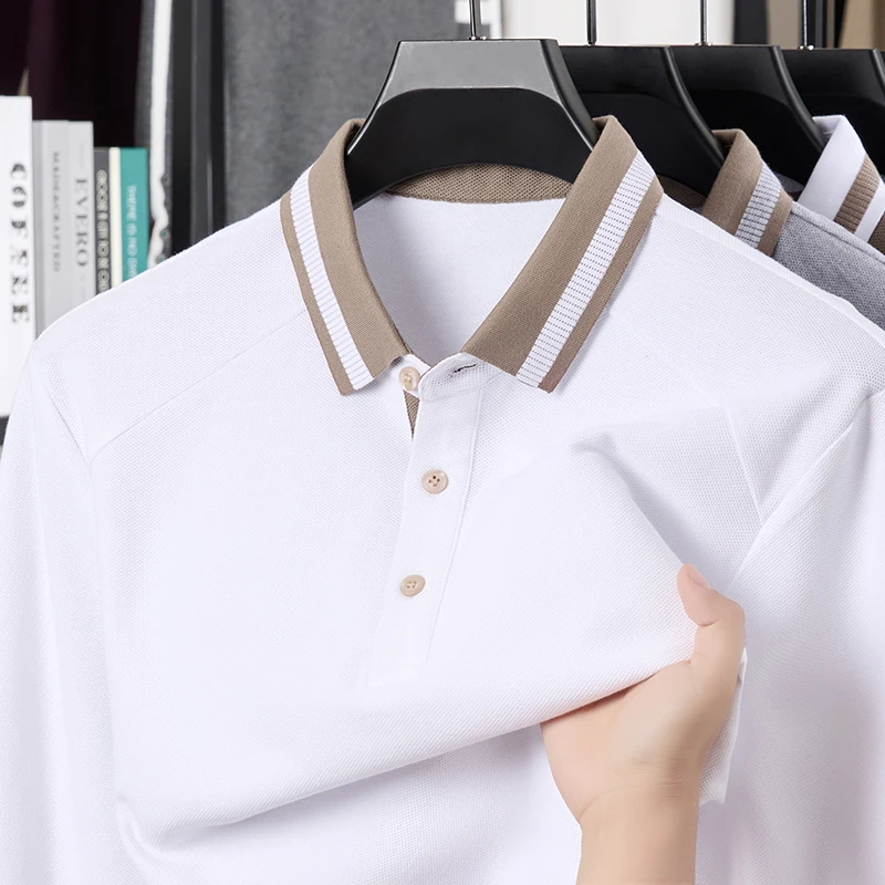 

100% Cotton Men's Long Sleeve Polo Shirt Contrast Striped Collar Solid Color Autumn T-shirt Breathable Business Casual Menswear