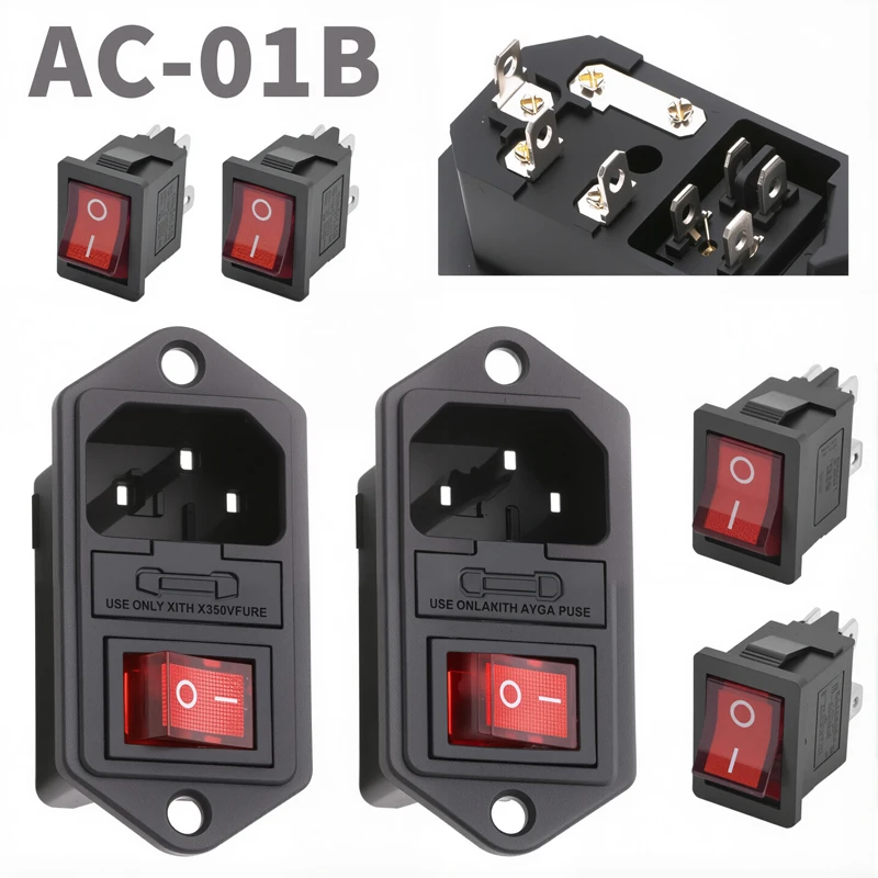 

5 шт. AC-01B IEC320 C13 электрическая розетка переменного тока 3-контактный красный светодиод 250 В 4-контактный кулисный переключатель 10A предохранитель гнездовой разъем для крепления