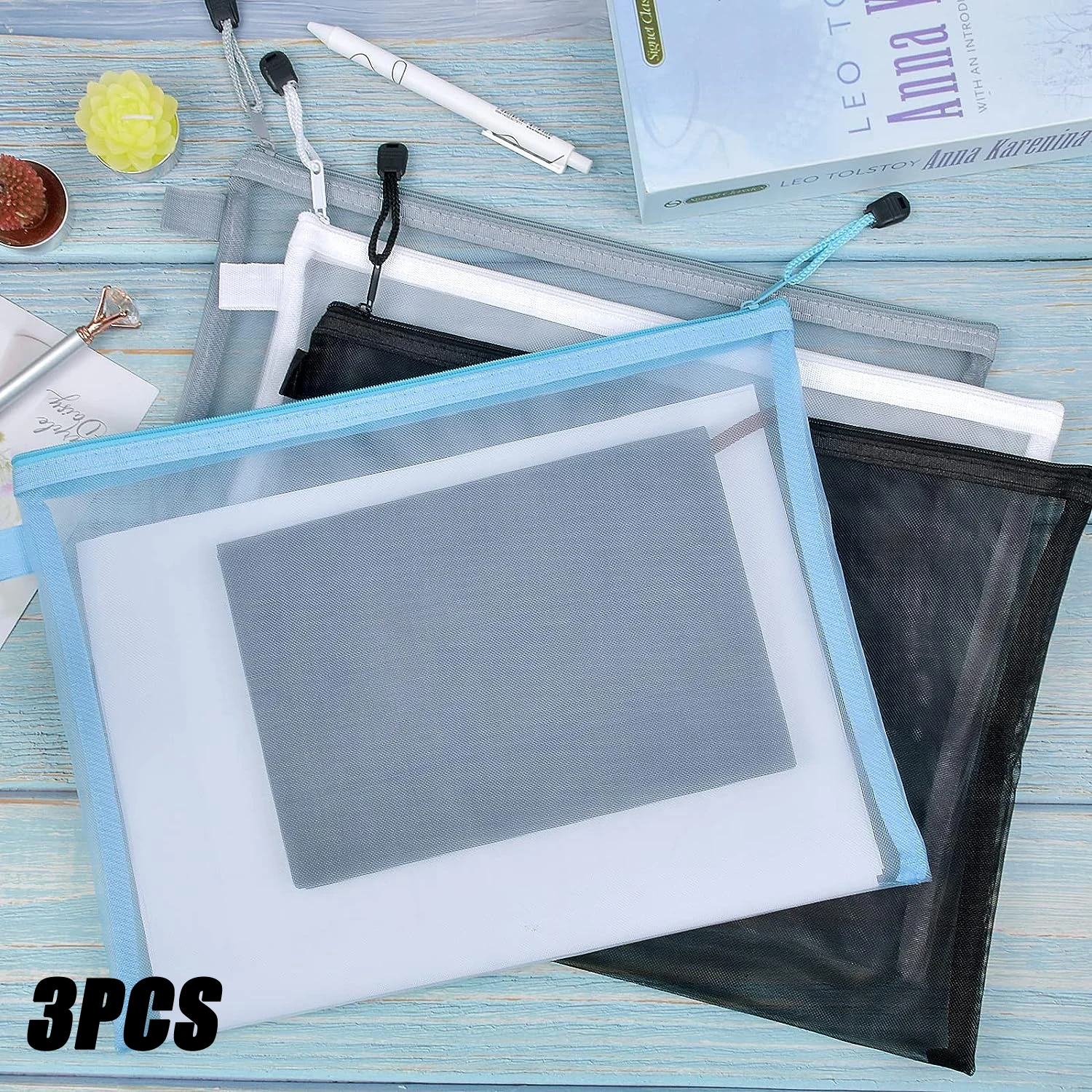 3PCS Transparent A4/A5/A6 Mesh Zipper Pouch Clear Document Bag Book File Folder Stationery Pencil Case Storage Bags Makeup Pouch