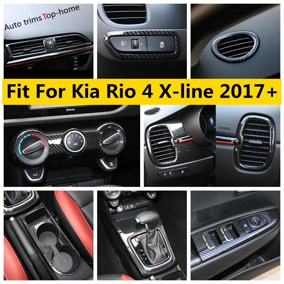 Carbon Fiber Accessories Water Cup Holder Head Light Window Lift Button AC Air Panel Cover Trim For Kia Rio 4 X-line 2017 - 2020