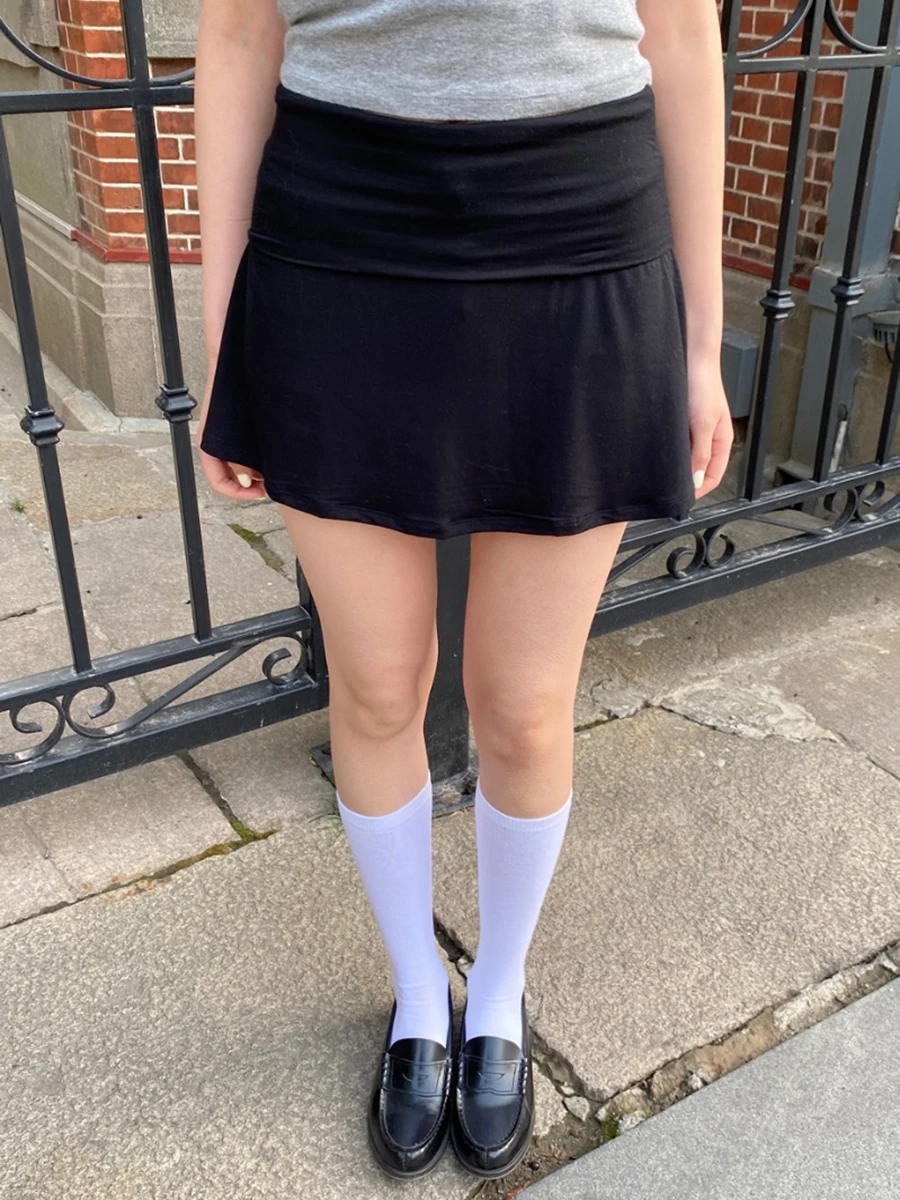 Black Foldover Mini Skirts Woman Elastic Low Waist A-line Short Faldas Summer Casual Simple Solid Preppy Style All-match Skirt