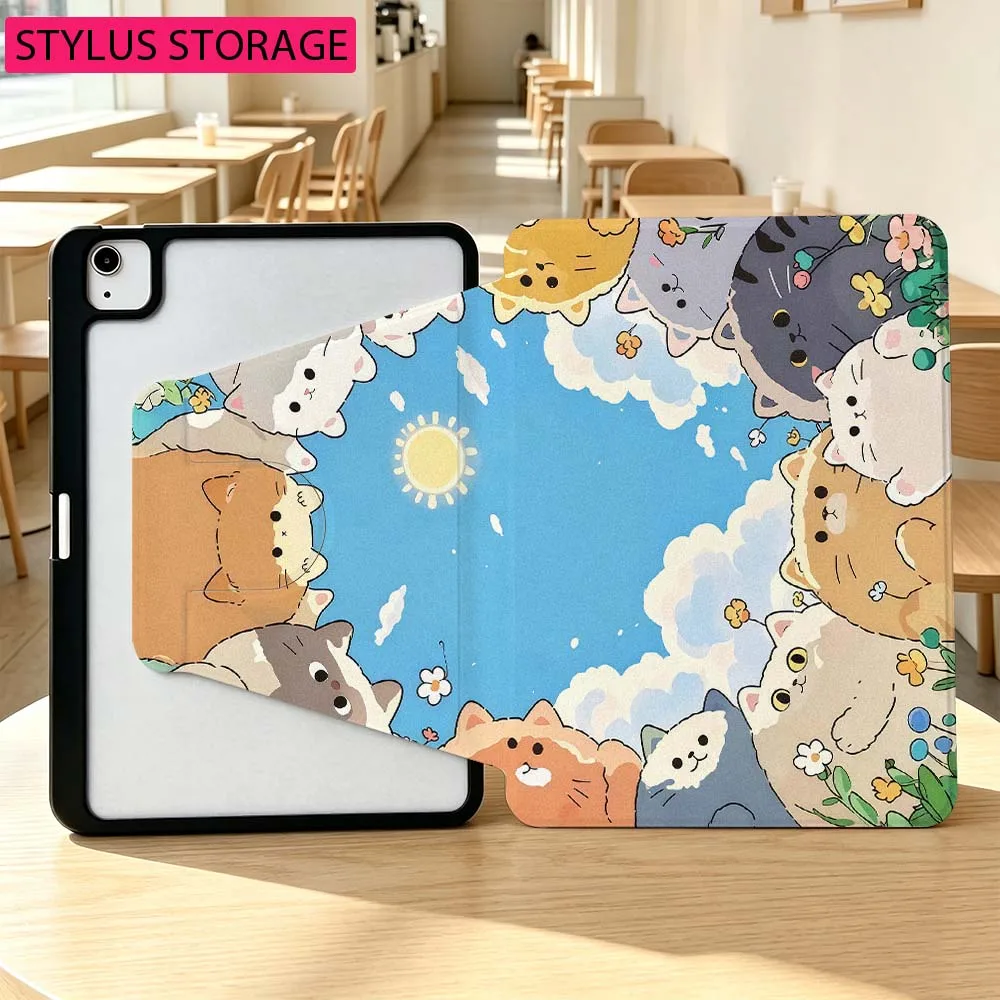 Cartoon-Katze, niedlich, für Samsung Galaxy Tab A7 A8 A9 A11 S6 S7 S8 S9 S10 S11 FE Plus 360 °   Drehbare Stifthalterung für Tablet-Hülle