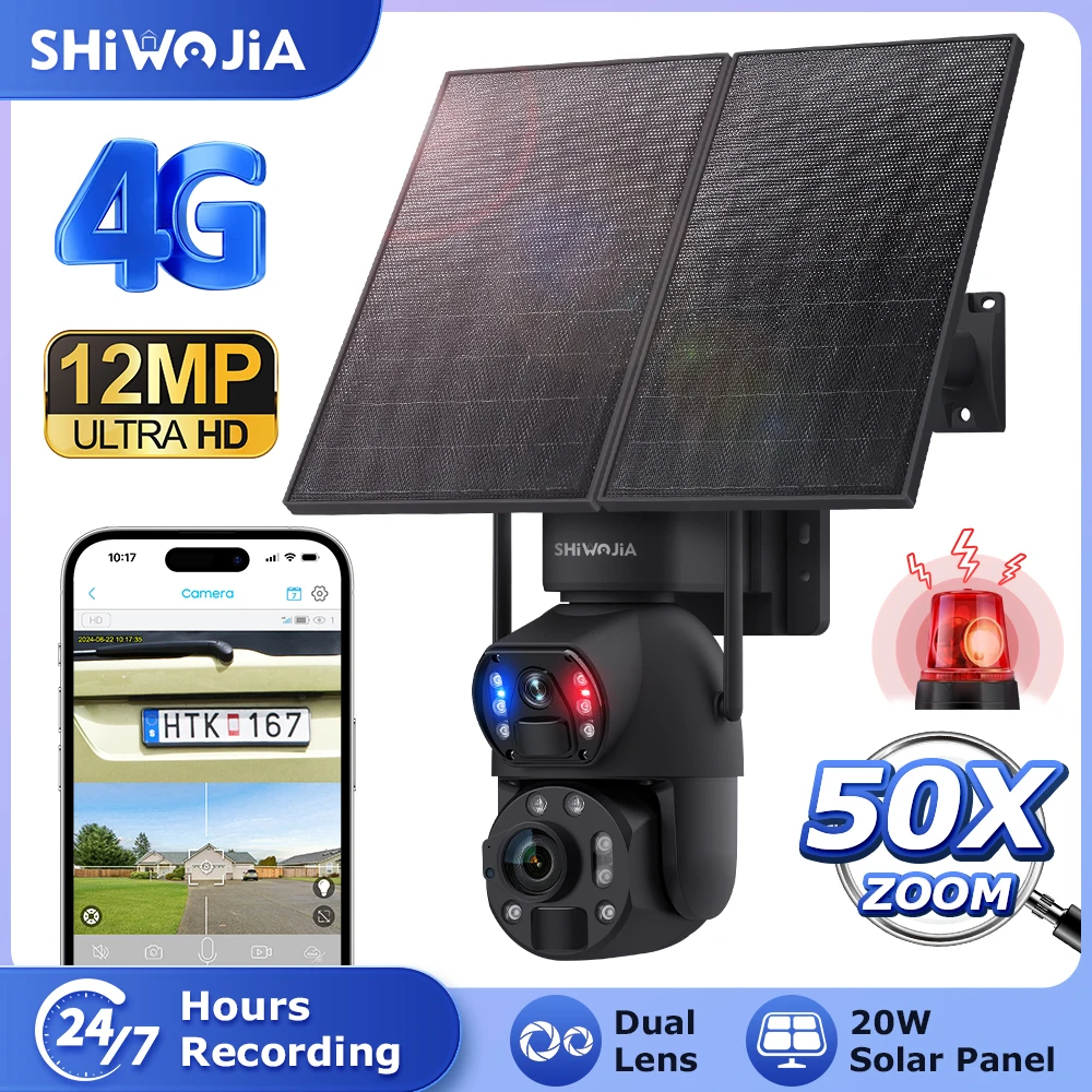 

SHIWOJIA 50X Zoom 20W 4G Sim Solar Camera Outdoor 360° Wireless WIFI Battery Security Cameras Solar Panel PIR Color Night Vision
