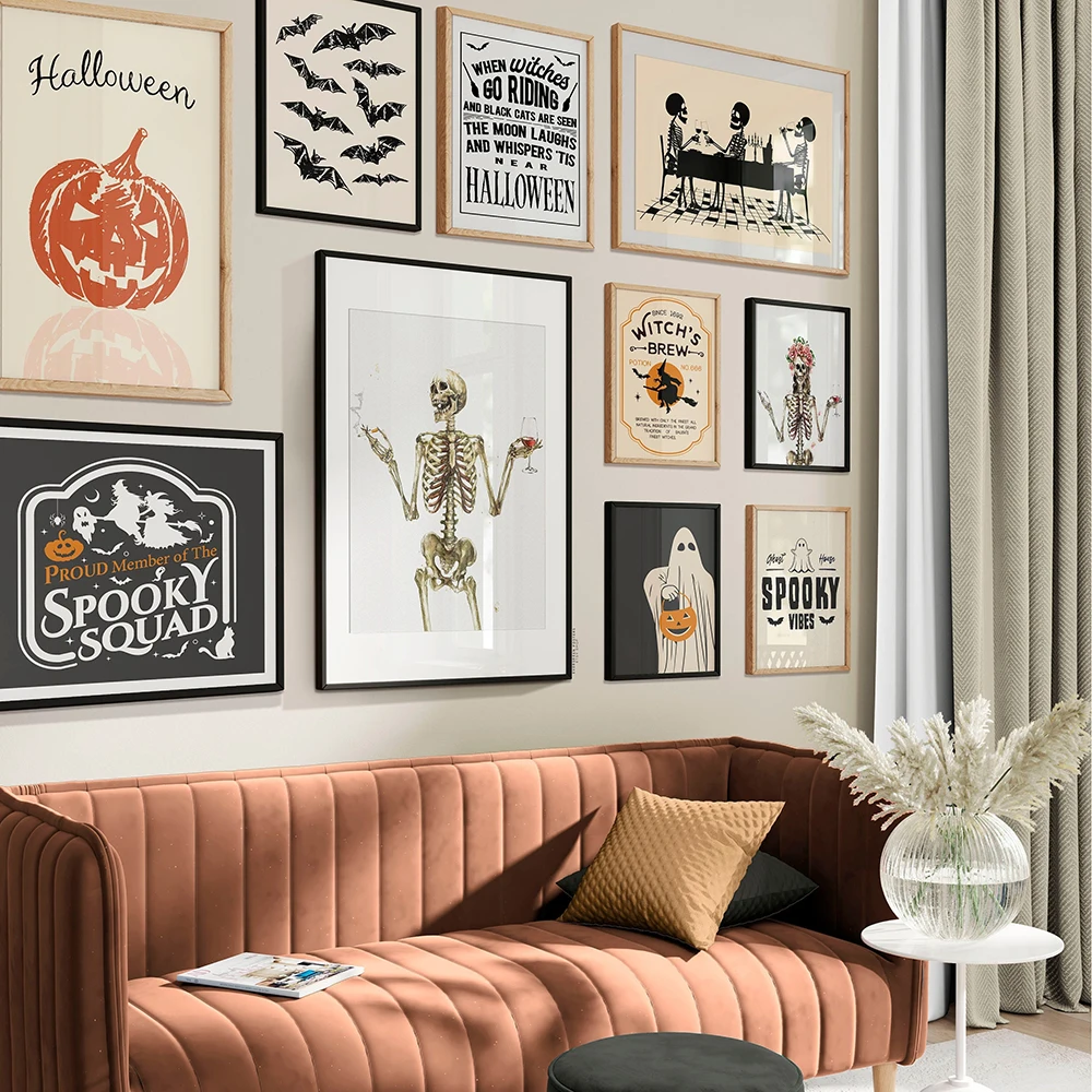 

Halloween Witch Poster Drinking Skeleton Art Print Scary Pumpkin Canvas Painting Spooky Ghost Wall Picture Living Room Decor