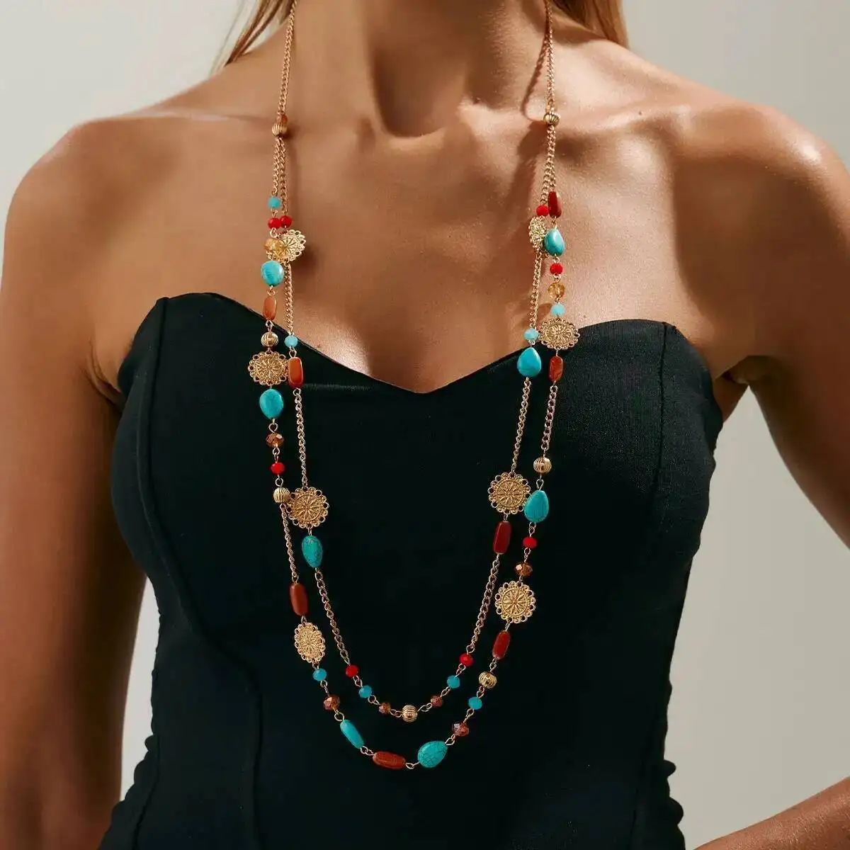 

Boho Stacked Exquisite Acrylic Beaded Long Pendant Necklace for Women Vintage Sweater Chain Party Jewelry Accessories