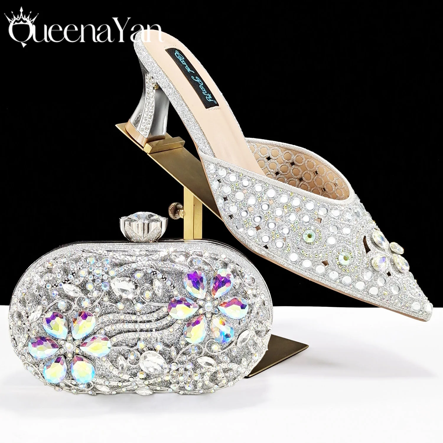 

QSGFC Italian Design Girly Style Silver Color Pointed Toe Wedding Shoes And Bag Full Diamond Decoration Handle Bag