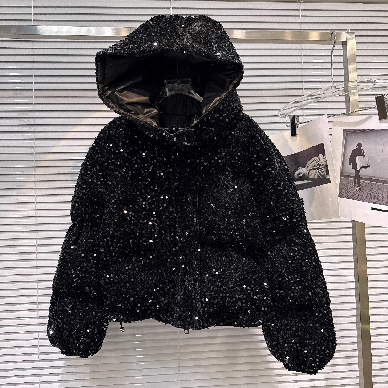2025 겨울 신상 패셔너블 헤비 시퀸 따뜻한 후드 패딩 재킷, 면 코트 트렌디, 여성용 레드 아우터웨어
