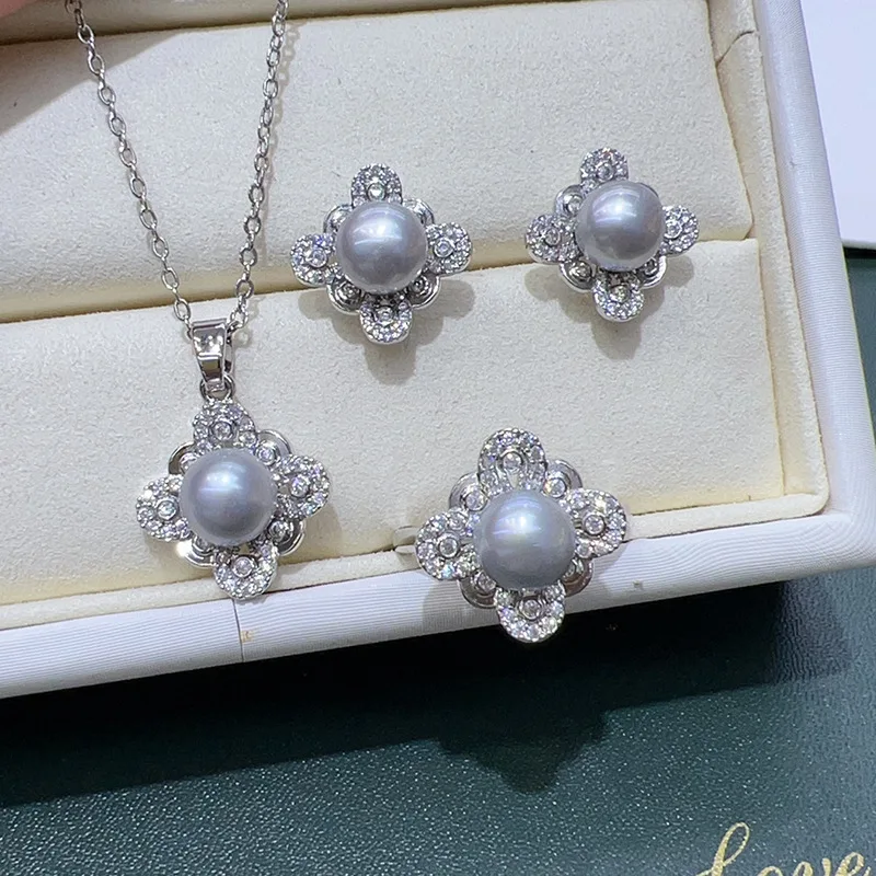Vintage Square Flower Set Niche Design Fashionable Natural Pearl Pendant + Earrings + Ring view 2