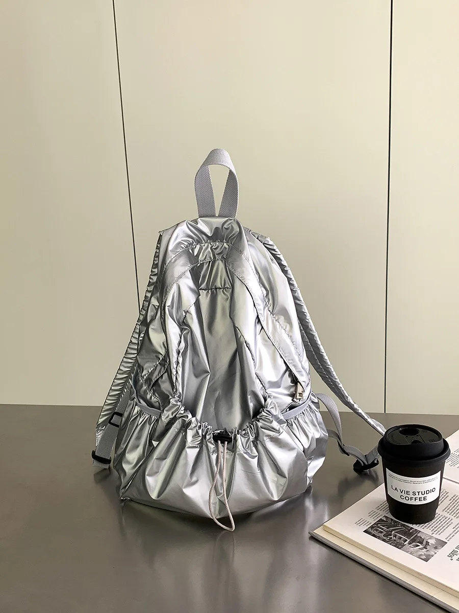 LEFTSIDE-mochila de prata grande com cordão para mulheres, mochila de couro PU na moda coreana, mochilas escolares para adolescentes e meninas, 2023