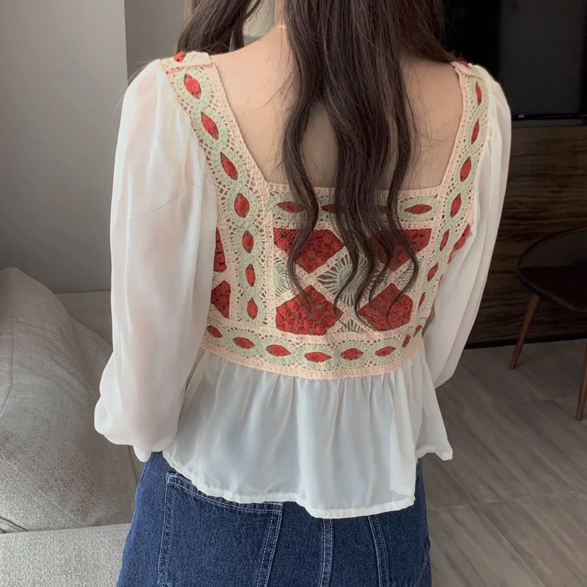 OUMEA Women Long Chiffon Volume Sleeve Tops With Crochet Chiffon Peplum Frill Blouse Patchwork Crochet Insert Beach Sweet Tops