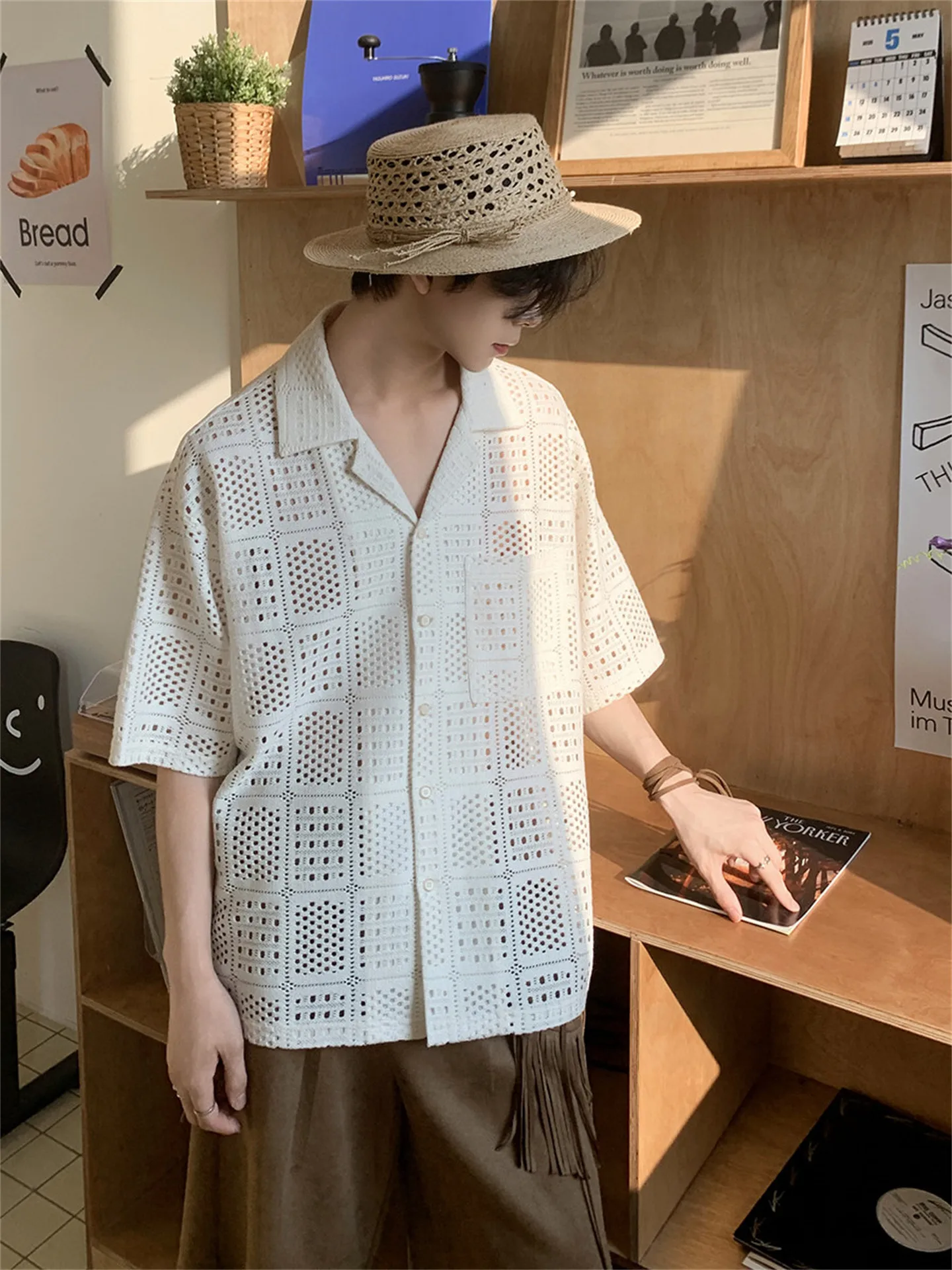 Summer Hollow Out Knitted Shirt For Men French Casual Fashion Simple Loose Vacation Style Lapel Single Breasted Knitting T-shirt