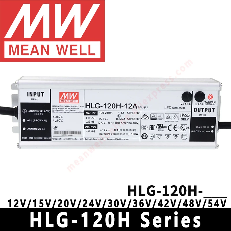 Mean Well HLG-120H-12A/15A/20A/24A/30A/36A/42A/48A/54A 120W IP65/IP67 LED Driver Constant Voltage/Constant Current