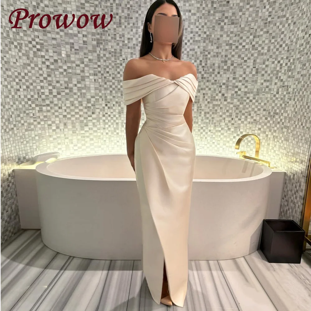 

Prowow Elegant Light Champagne Mermaid Evening Dress Customized Off the Shoulder Pleat Satin Prom Party Gown Floor Length