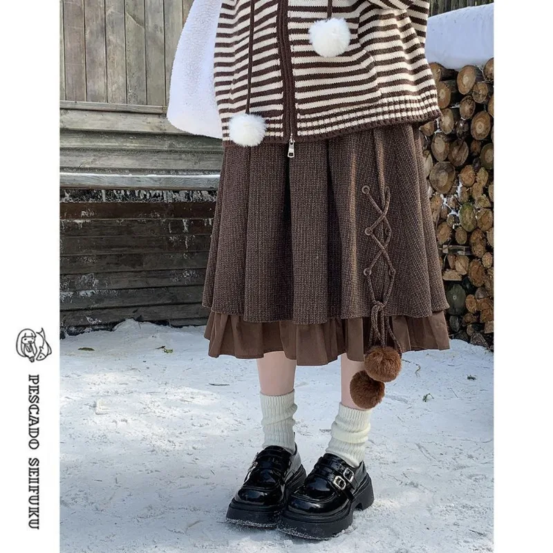 Gonne scozzesi marroni stile college allentato vintage Y2K donna autunno inverno dolce gonna lunga gotica a vita alta stile ragazza Kawaii Mori