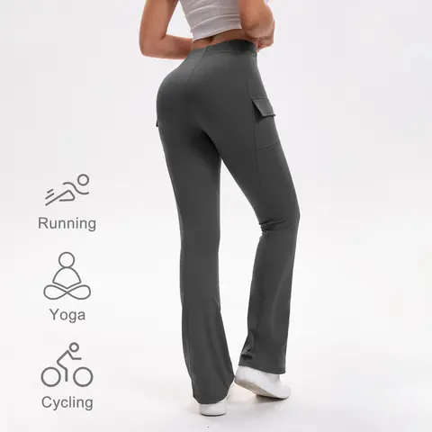 3 st högmidjade, magkontrollerade bootcut-yogabyxor med fickor, stretchig träningsbyxa med naken känsla och casual look 8 best sales yogabyxor - №6