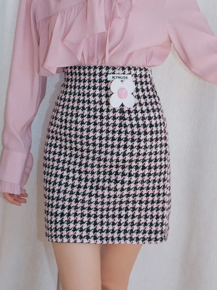 

Розовая клетчатая юбка-карандаш с завышенной талией, осенняя модная юбка А-силуэта из полиэстера и нейлона от IcyNude Store