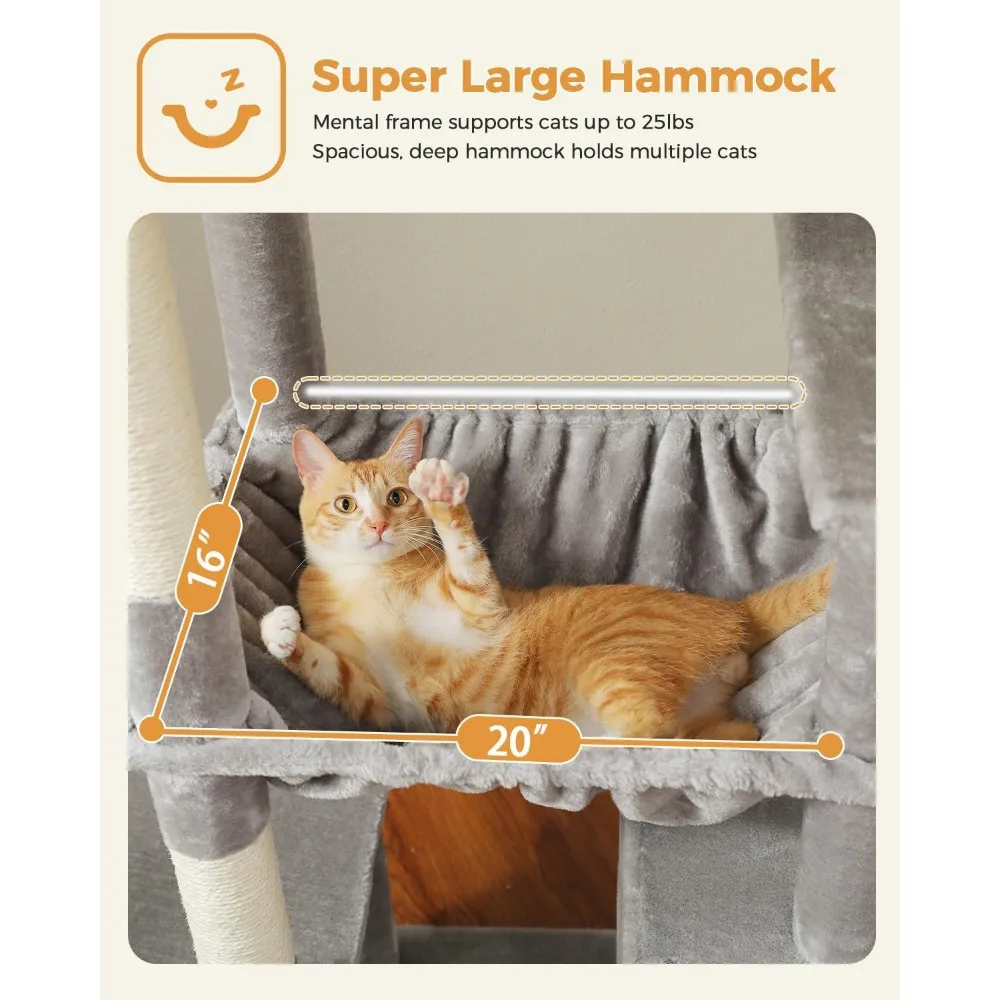 شجرة قطط كبيرة مع أرجوحة كبيرة جدًا، برج قطط طويل القامة 71 شديد التحمل، 4 أعمدة خدش من السيزال، 2 مستويات واسعة للقطط #4