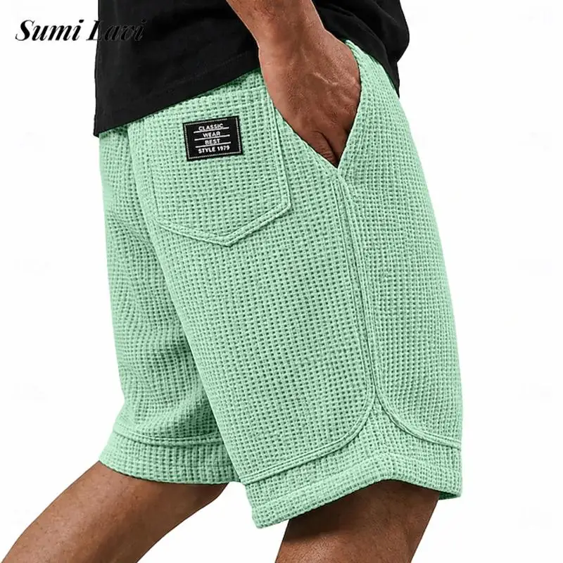 Fashion Loose Straight Shorts For Men Summer Daily Casual Breathable Waffle Plaid Textured Shorts Vintage Mens Lace-up Shorts