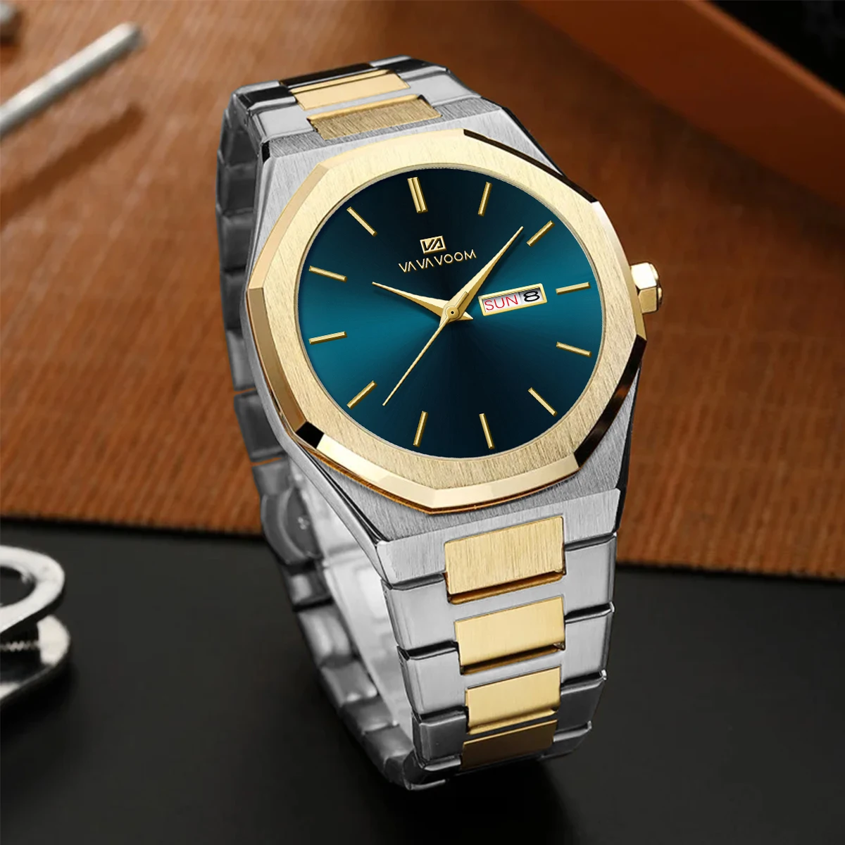 VA VA VOOM Luxury Men Stainless Steel Watch Fashionable Business Style Dual Calendar Movement Blue Gold Strap Men Casual Watches