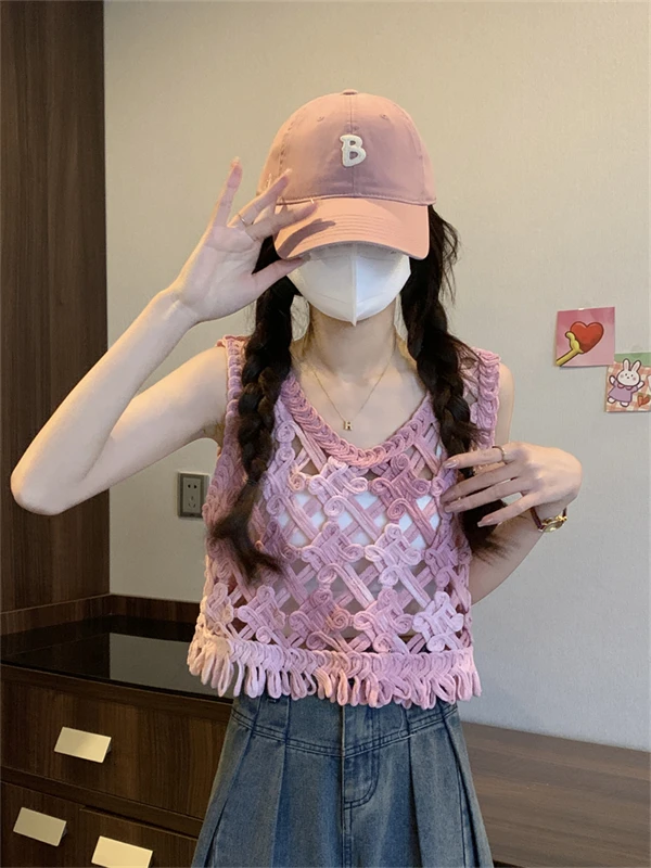 Sweet Pink Knitted Hollow out Strap Vest Women's Summer Outerwear Sleeveless Short Length Top Commute Style Hollow Element