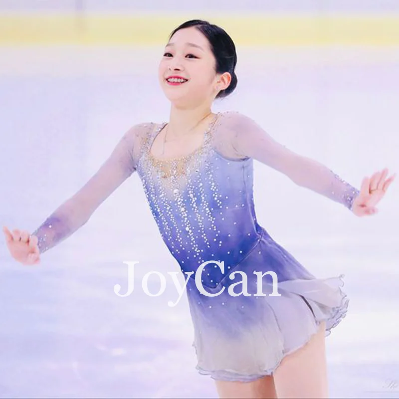 JoyCan Ice Figure  Skating  Dress Girls Blue Purple Spandex Stretchy Competition Dance Wear Customized