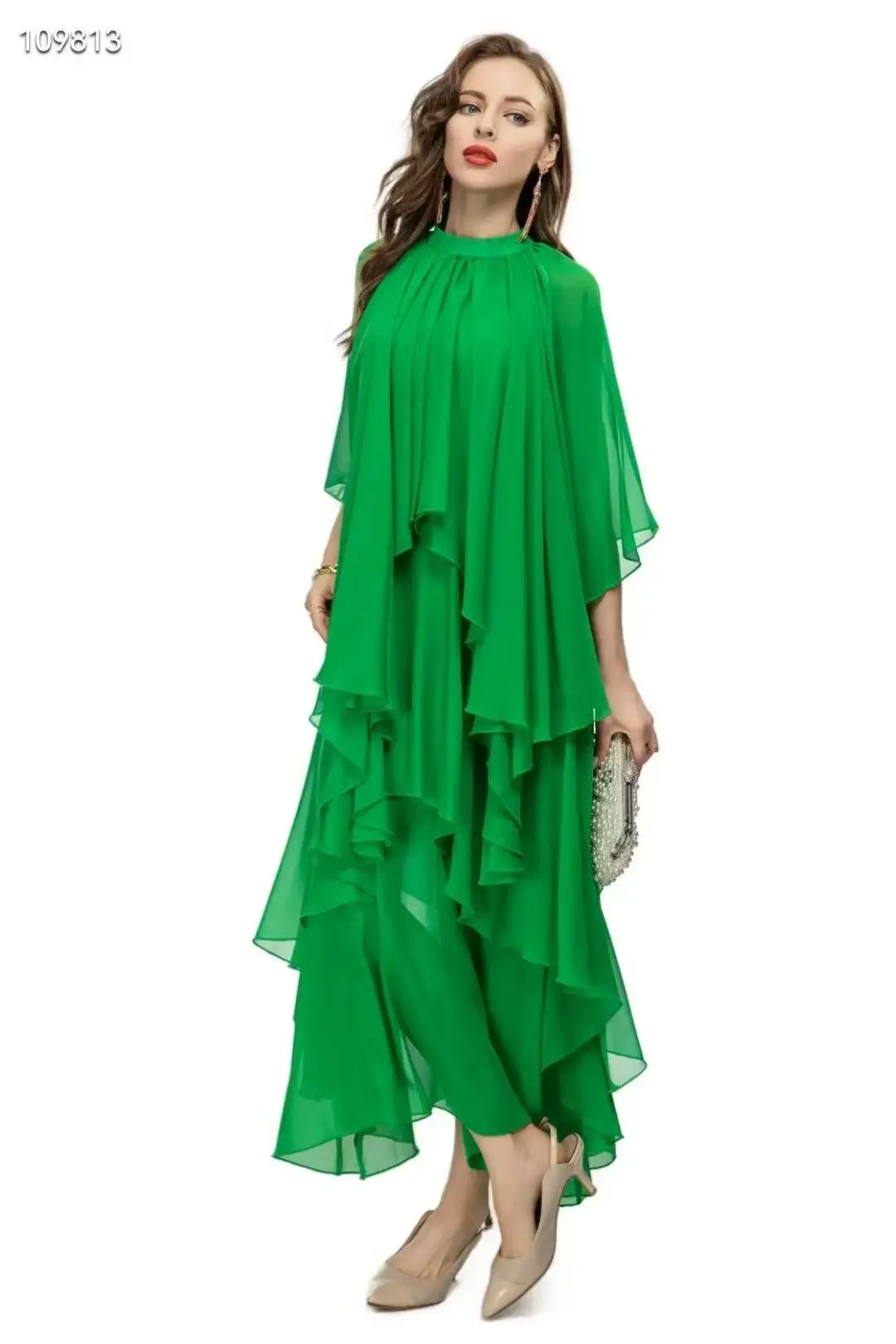 Primavera e verão novo estilo de praia pequeno gola em camadas irregular chiffon plissado folha de lótus renda vestido feminino S-3XL