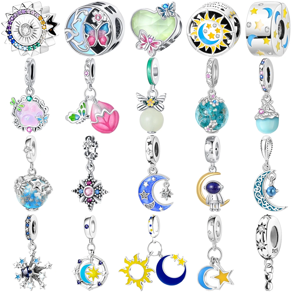 

Original 925 Charms Sterling Silver Sun Pistil Star Moon Butterfly Beaded Pendant for Pandora DIY Bracelet Women's Jewelry Gift