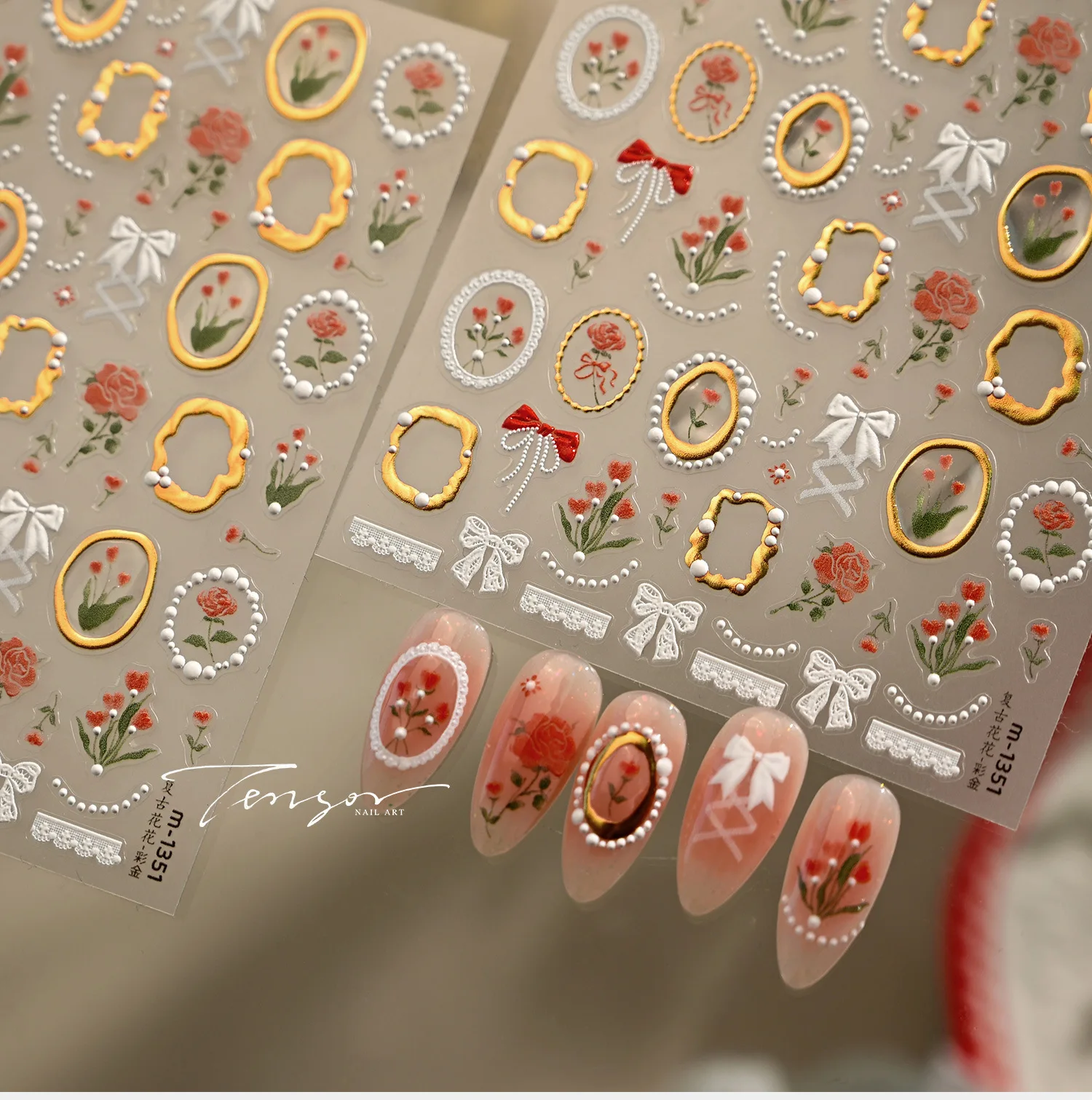 Retro Rose Flower Bowknot Lace Ribbon Metal Photo Frame Love Heart Spring Leaf Daisy Wildflowers Nail Art Stickers Phone Decals