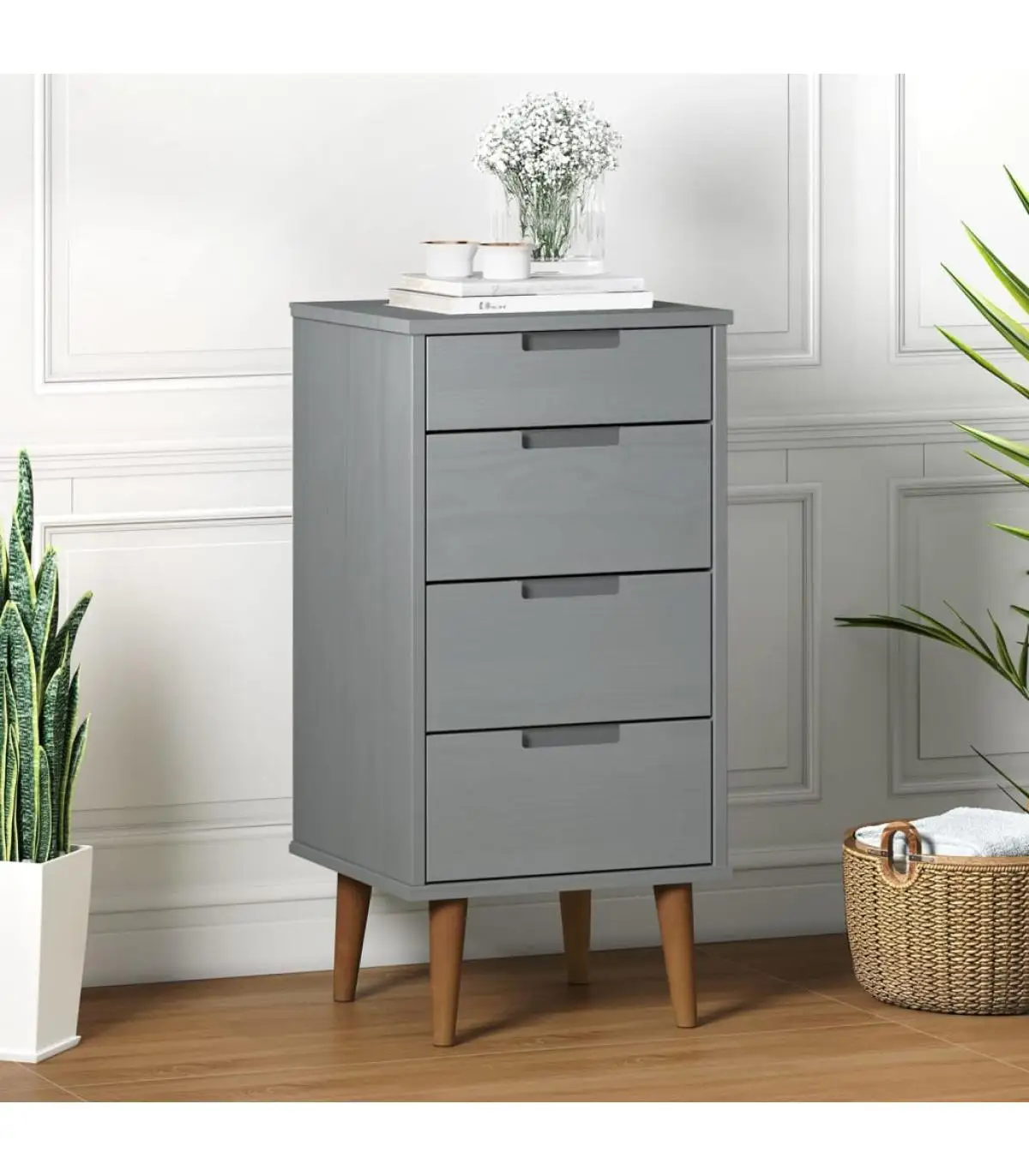 Ecomobel drawers bedside table mold solid pine wood Gray 40x35x82 cm elegant living room bedroom furniture fast delivery from Spain