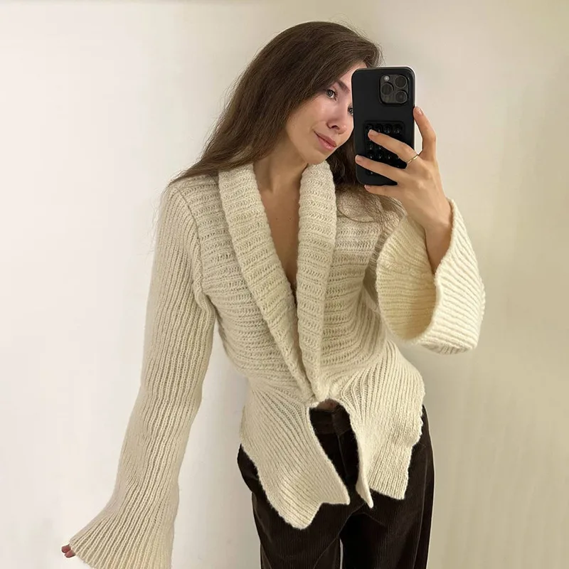 

Women's Knit Cardigan Coats Autumn Winter New Vintage Hollow Out Long-Sleeved Sweater Casual White Knit Female Office Top